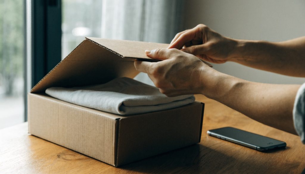 Mãos abrindo uma caixa de encomenda com uma peça de roupa dentro
