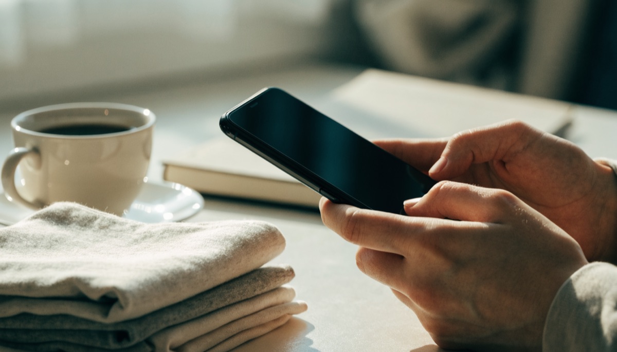 Mãos segurando um celular ao lado de roupas dobradas e uma xícara de café