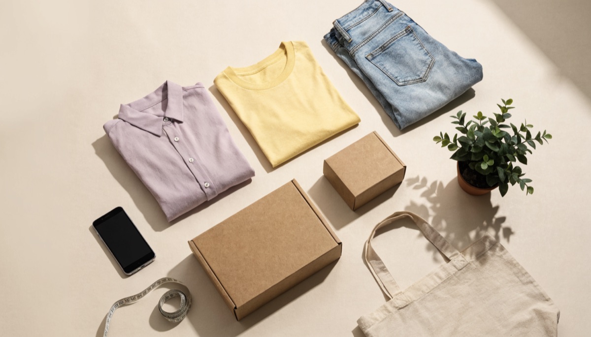 Roupas dobradas, celular e caixas de encomenda sobre uma mesa clara