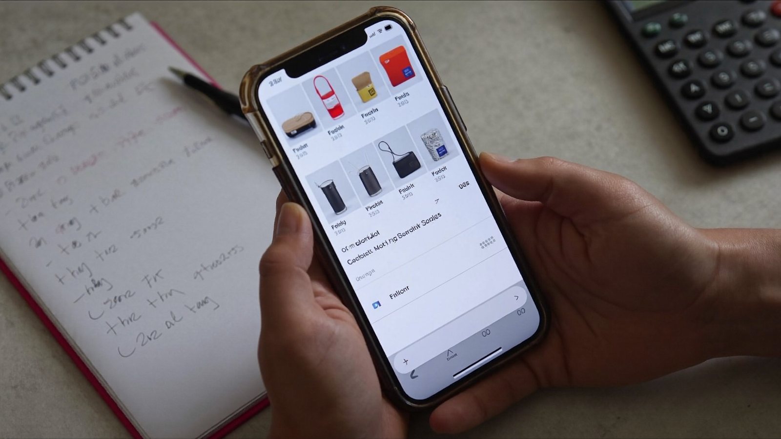 Mãos segurando um celular com um carrinho de compras na tela, ao lado de um caderno com contas e uma calculadora