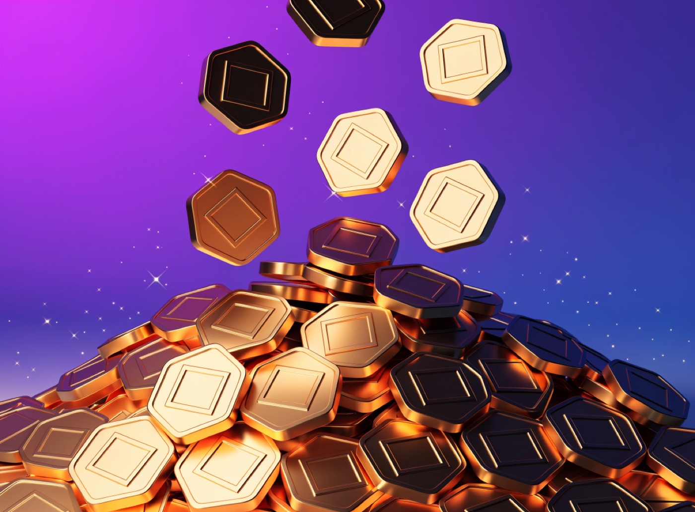 Pilha de moedas douradas hexagonais sobre fundo roxo